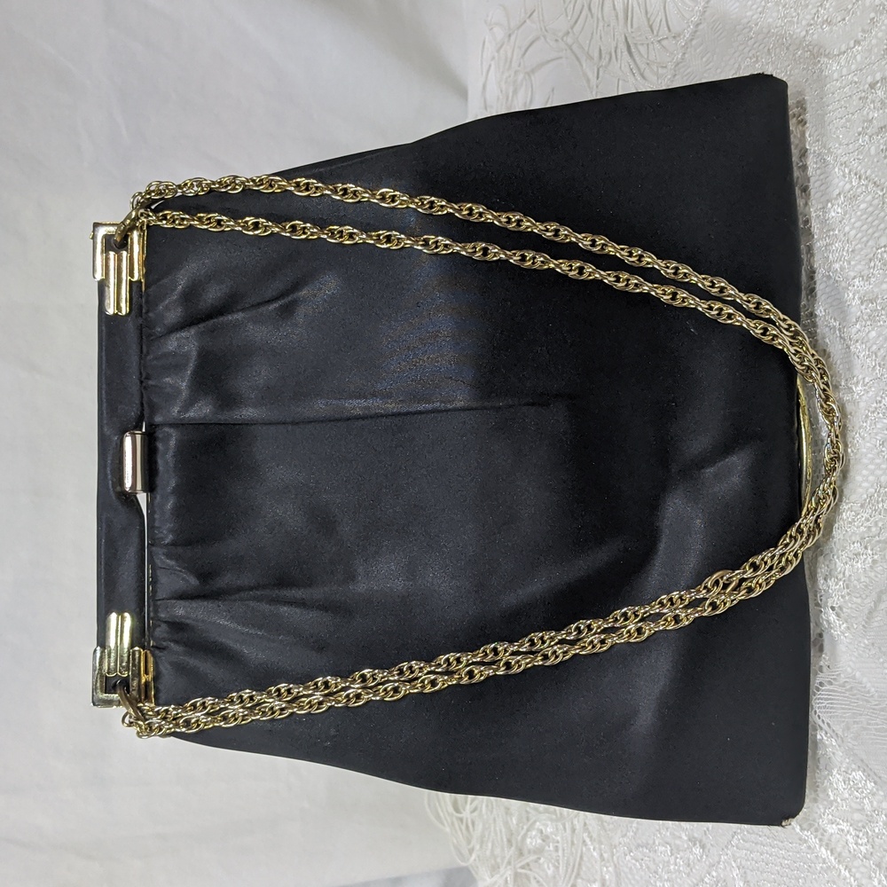 Harry Levine HL U.S.A. Vintage Pocketbook, Black Satin With Chain, Hinged Frame